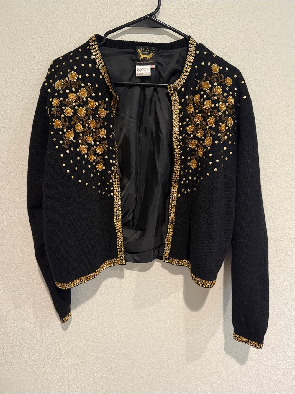 Needs Work!! I Did It! Beaded Embellished Black Cardigan Jacket missing sequins!